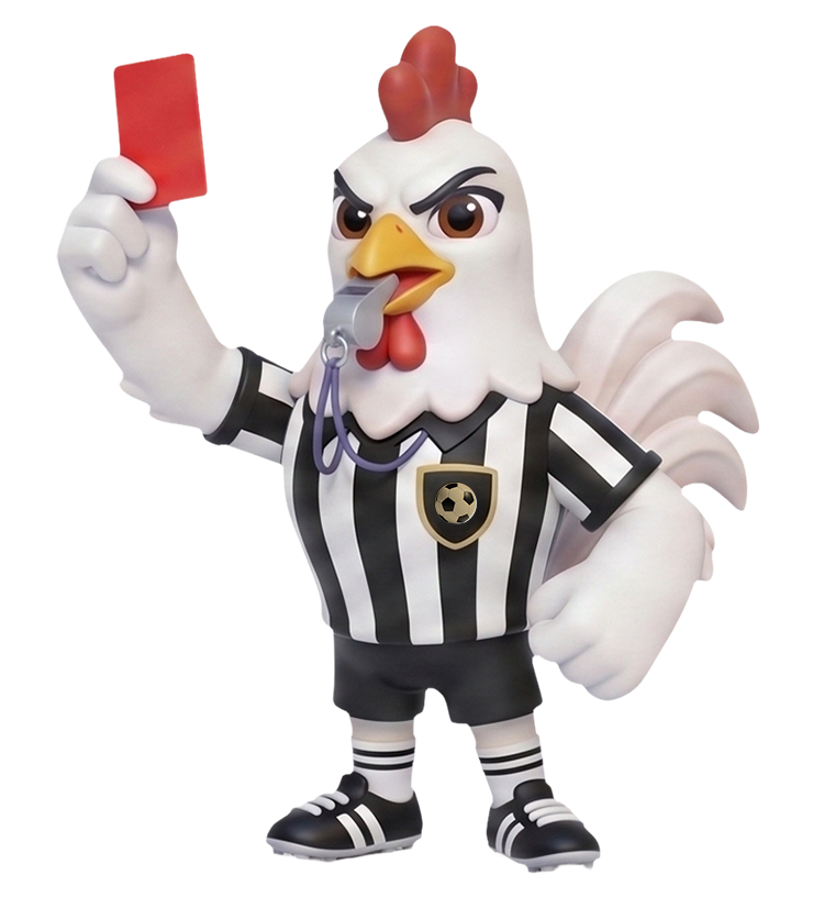 A hen referee holds up a red card